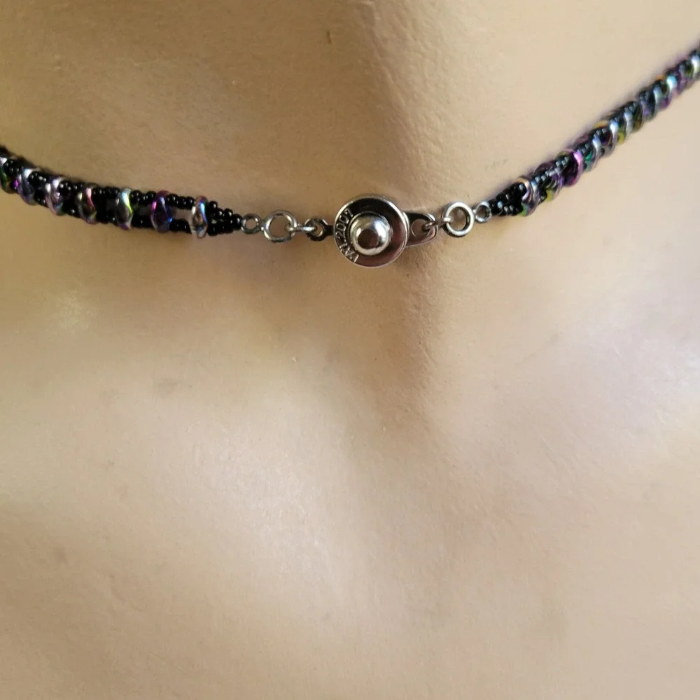 Vintage Black Bead Woven Crystal Collar Necklace Jewel Tone Statement 17